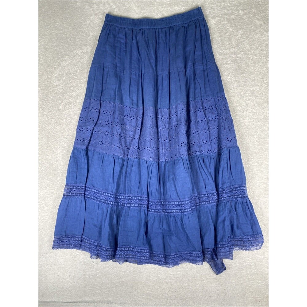 G Unit Fashions Tiered Maxi Skirt Women's Large Blue Pull on Crochet hem Embroid